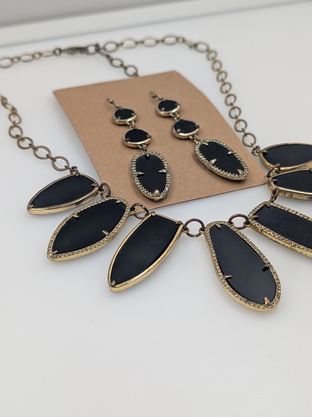 Stella & Dot Gold Tone Black Stone Rhinestone Collar Necklace & Earrings 0406